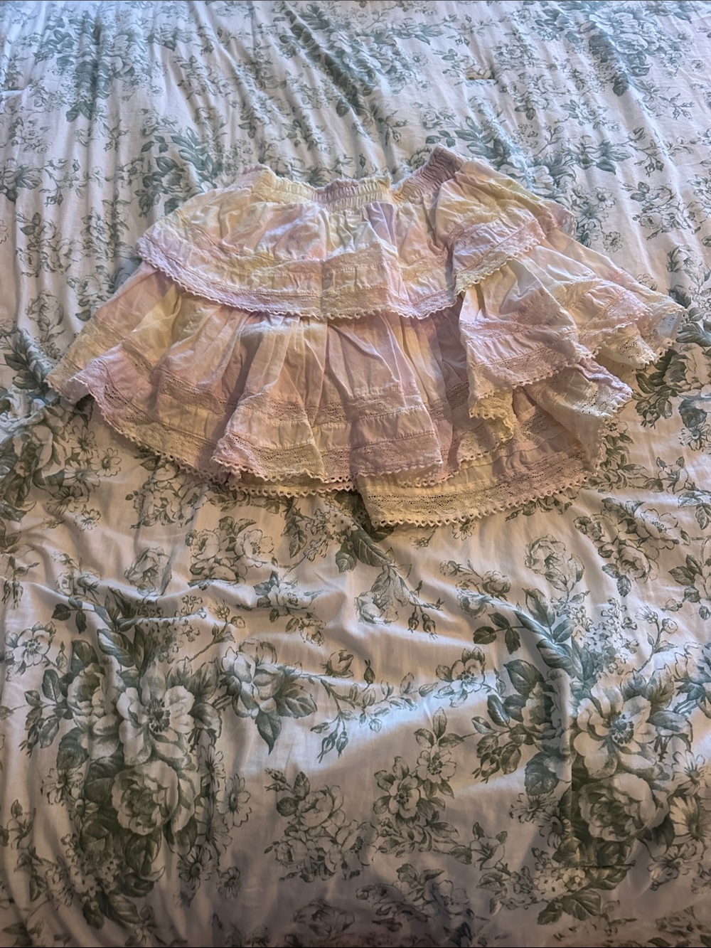LoveShackFancy Pastel Tiered Lace Skirt in Pink and Cream